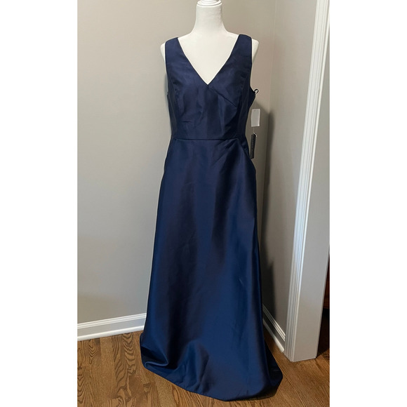 Alfred Sung NWT Gown Maxi Dress Sz 16 Satin V-Neck Pockets D778 Midnight Blue - Picture 5 of 12